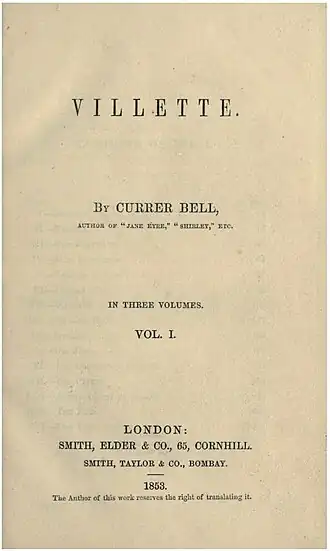 Titelpagina van het eerste deel van de eerste druk van Villette