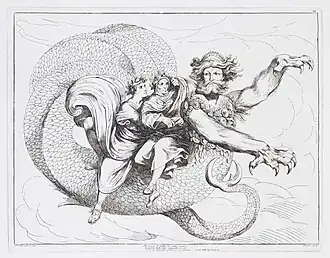 Ets van Vergilius en Dante op de rug van Geryones op weg naar de hel. Prent uit de De goddelijke komedie door Bartolomeo Pinelli