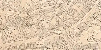 Stratenpatroon rond de Vlamingstraat, vlak voor de bouw van de Stadsschouwburg, op het plan van Philippe-Christian Popp.