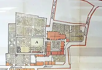 Het Kruisherenklooster voor de opheffing in 1796 (historiserende tekening gepubliceerd door Von Geusau)
