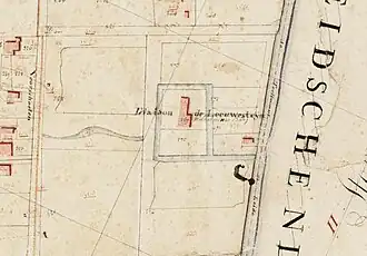 Leeuwenstein op de kadastrale kaart (1813-1832). De naam is doorgestreept, want het huis had net de nieuwe naam Wilhelminaburg gekregen. Deze naam zou van tijdelijke aard blijken te zijn.