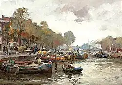 Aangemeerde boten bij de Boompjes te Rotterdam