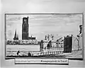 Voormalige Kamperpoort, reproductie van tekening in gemeentearchief, met rechts de brug.