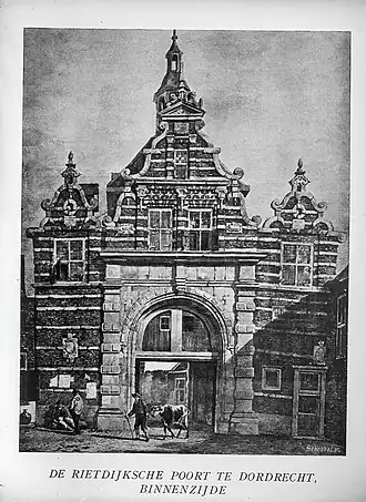 Gevel aan de stadszijde, kort voor de sloop in 1833 (tekening door Johannes Rutten)