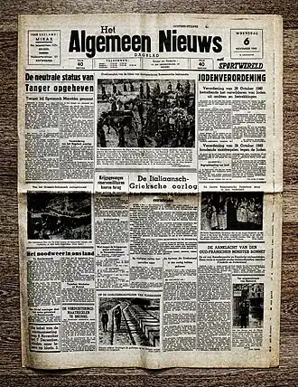 Voorpagina Het Algemeen Nieuws (6 november 1940), met aankondiging van de Jodenvervolging in België: "Vordering van 28 oktober 1940 betreffende het verwijderen van Joden uit ambten en betrekkingen"