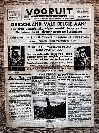 Voorpagina Vooruit (10 mei 1940) met als kop "Duitschland valt België aan!".