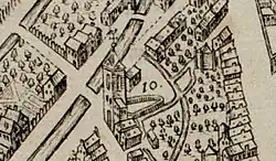 De Vrouwetoren in 1585, de kapel is dan al afgebroken (fragment stadskaart uit 1585)[3]