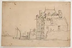 Anonieme tekening uit ca. 1650 (?): Vuilpoort vanaf de Leuvehaven, gecombineerd met een gezicht op de rivier, RAD, inv.&nbsp;551_35342
