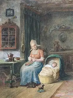 Interieur met handwerkende vrouw en baby