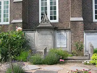 Grafmonumenten tegen de zijgevel van de Petruskerk; 2010.