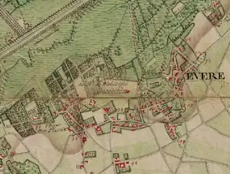 Detail uit een Ferrariskaart uit 1777 dat het Walckierskasteel en -park toont