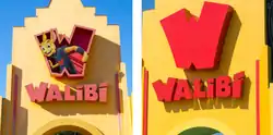 De mascotte werd eind 2016 uit het logo op de ingangspoort van Walibi Holland verwijderd. De foto links is uit 2016 en de foto rechts uit 2019