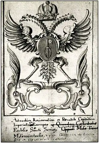 Kapittelwapen met sleutel van Sint-Servaas en dubbelkoppige adelaar (18e-eeuwse prent)
