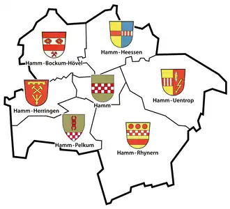 Situering en wapens der 7 stadsdistricten