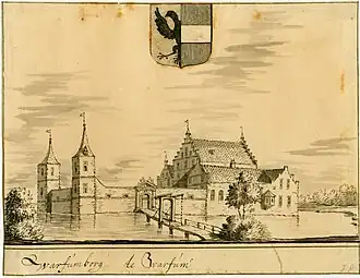 De Warffumborg of Sickinghe-borg met het wapen van de familie Sickinghe, anno 1686