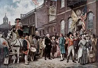 George Washington arriveert aan de Congress Hall in Philadelphia, 4 maart 1793.