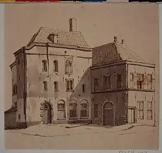 Watersteinstoren met lakenhal aan de Varkenmarkt door Johannes Rutten, ca. 1844, RAD 551_36447