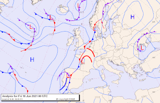Weerkaarten 18 juni 0.00 uur UTC (2.00 uur CET) tot en met 19 juni 0.00 uur UTC (2.00 uur CET), met intervallen van zes uur.