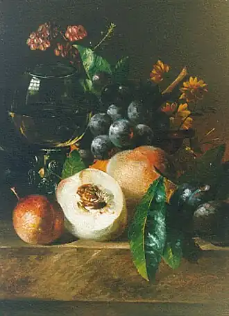 stilleven met perziken, druiven en een roemer