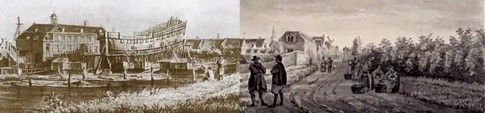 De achter het Zeemagazijn gelegen VOC-werf te Delfshaven aan de Buizenwaal in 1779, een ruime eeuw nadat Van Yk er gewerkt zou hebben.[7] Tekening van Gerrit Groenewegen.