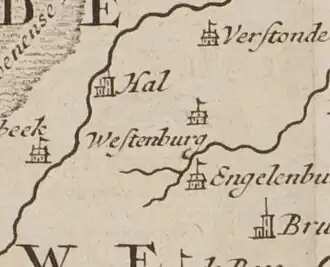 Westenburg op aan kaart uit 1741
