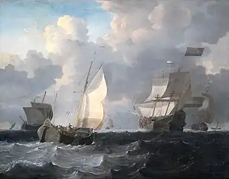 Zeegezicht met beurtschip en koopvaarders, Fries Museum