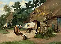 Boerin bij wastobbe op zonnig erf