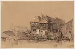 De welfbrug volgens N.M. Wijdoogen met datumsteen rechts van de boog (circa 1845)
