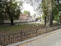 Zicht van op het Wijngaardplein van het grasplein met zwanenkolonie, de reie en de gebouwen van het Begijnhof