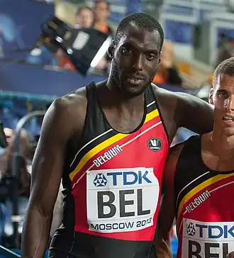 Will Oyowe als lid van de Belgische 4 x 400 m estafetteploeg op de WK 2013, Moskou.
