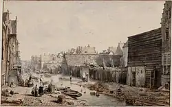 Goudsbloemgracht met links het Fransche Pad, ca. 1850, tekening Willem Hekking