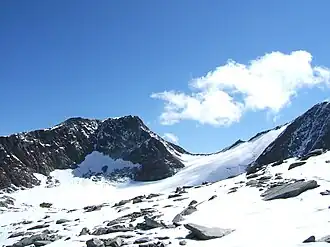 De Windacher Daunkogel vanuit het westen, met rechts daarvan de Warenkarscharte en geheel rechts de Warenkarseitenspitze