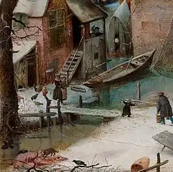 Leven van alledag. Een hond vreet aan een karkas, een man sjouwt met emmers, in een gekantelde boot doet iemand zijn behoefte