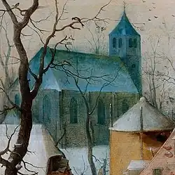 Kerk, met daarvoor een hooimijt, met daarin een liefkozend paartje