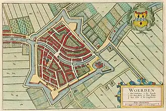 Een kaart van Woerden uit 1649, uit de atlas van Joan Blaeu. De Kruipin bevindt zich net buiten deze kaart, buiten de rechterbovenhoek.