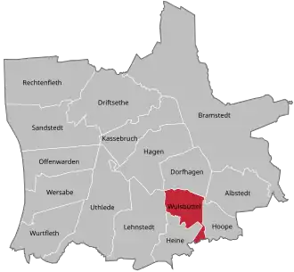 Ligging Wulsbüttel in de gemeente Hagen im Bremischen
