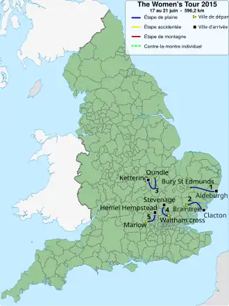Routekaart van de The Women's Tour 2015