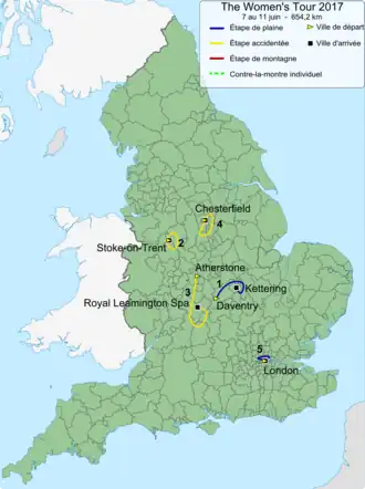 Routekaart van de The Women's Tour 2017