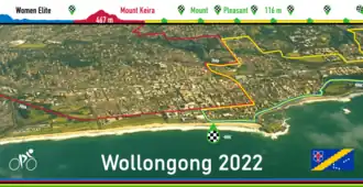 Vogelvlucht en vlag Wollongong, met profiel en deel parcours WK 2022 Vrouwen Elite wedstrijd