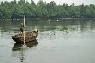 Visserman in de delta van de Wouri, met op de achtergrond mangrovebossen