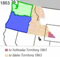 Gebieden die afgestaan werden aan het Nebraskaterritorium in 1861 (paars) en het Idahoterritorium in 1863 (bruin)