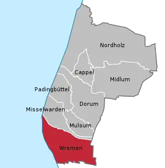 Ligging Wremen in de gemeente Wurster Nordseeküste