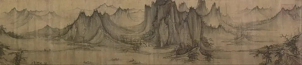 Visser op een bergstroom, handrol met gewassen inkt en kleur op zijde, collectie Nelson-Atkins Museum of Art[1]