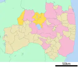 Kaart van Fukushima met het district Yama gemarkeerd