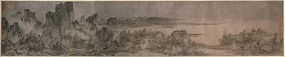 Gebouwen langs bergen en rivieren, handrol met gewassen inkt en kleur op zijde[1]