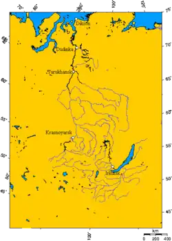 Locatie ten opzichte van het stroomgebied van de Jenisej