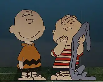Toneelrekwisiet van Charlie Brown en Linus (rechts) uit het toneelstuk "You're a Good Man Charlie Brown", 2005.
