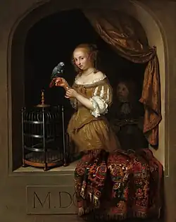 Jonge vrouw in venster, een papegaai voerend 1666, olieverf op paneel, 46 * 37 cm, Wuppertal, Von der Heydt-Museum