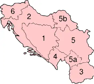 Ex-Joegoslavië: 1 = Bosnië en Herzegovina, 2 = Kroatië, 3 = Macedonië.