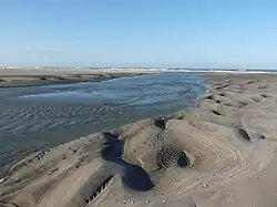De nieuwe geul van 2016. De afbuiging naar het noorden bij de zee is al goed zichtbaar. De geulencyclus gaat zich herhalen.